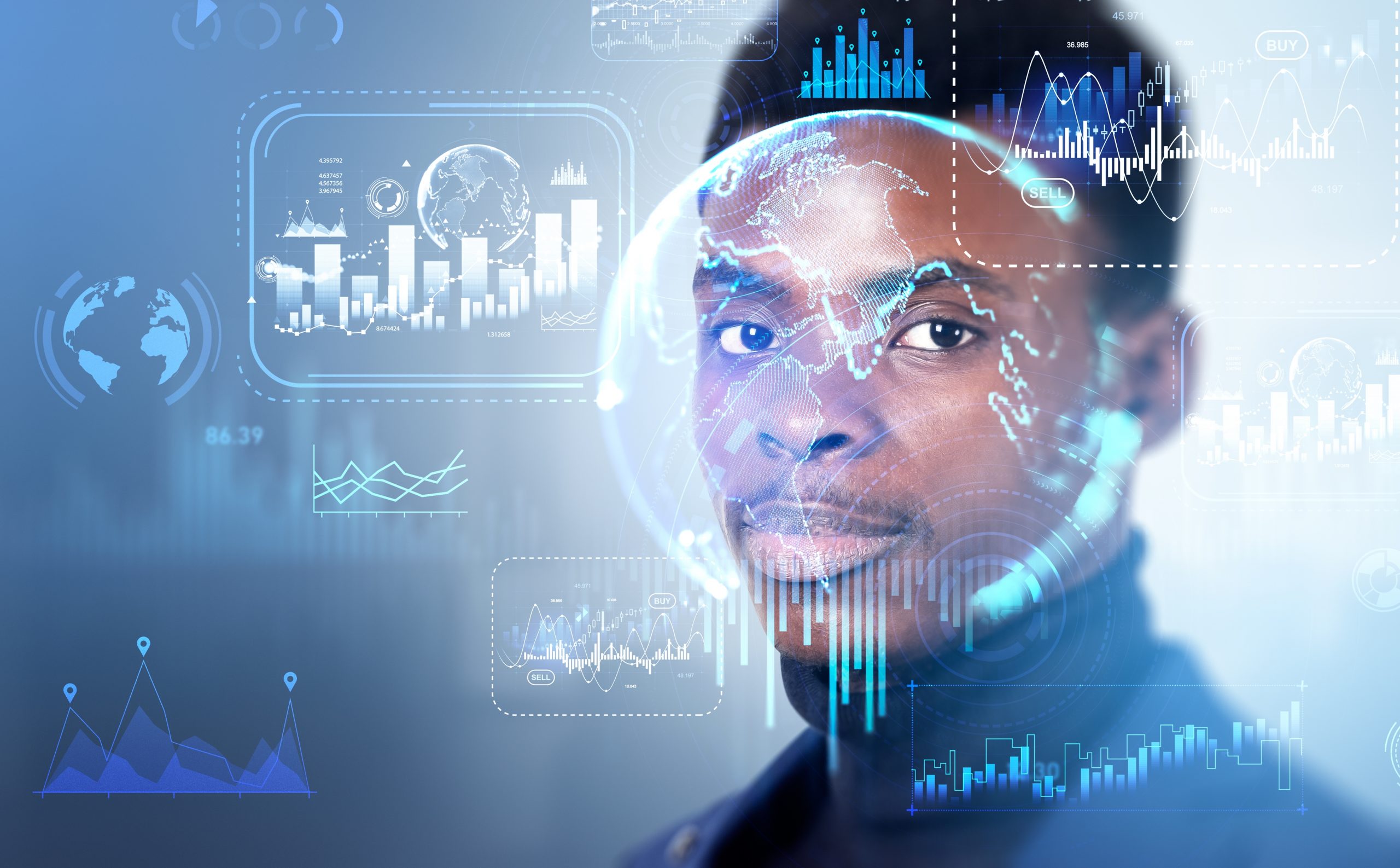 Black,Businessman,Portrait,,Double,Exposure,,Financial,Hud,With,Forex,Diagrams