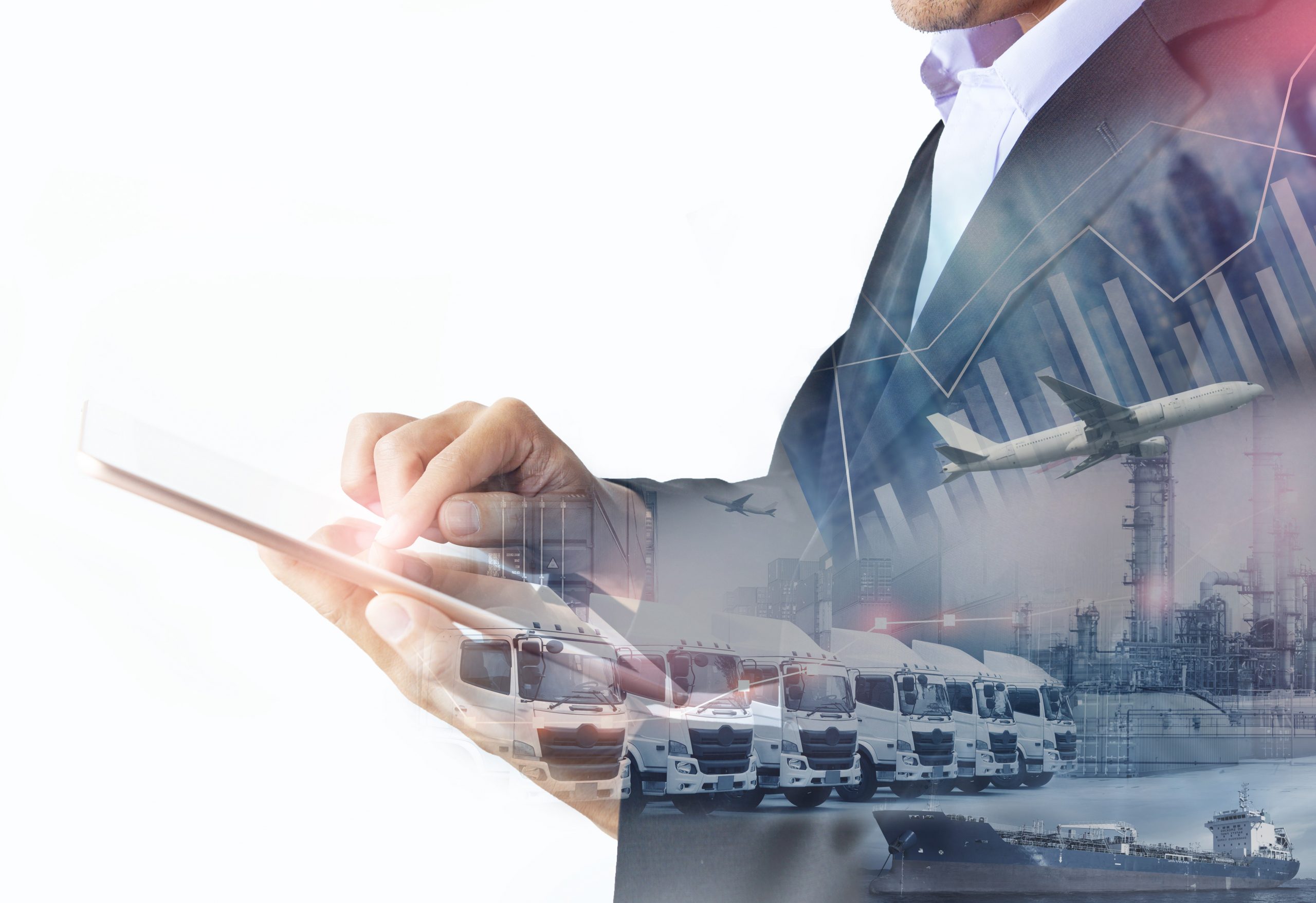 Fuel_Minder Multiple exposures of overall shipping, transportation, and logistics concept with business man is using tablet to commard business with left free white space.