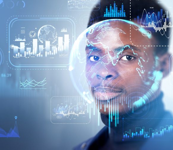 Black,Businessman,Portrait,,Double,Exposure,,Financial,Hud,With,Forex,Diagrams